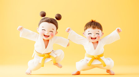 Adorable Kids in Martial Arts Uniforms with Yellow Belts Practicing Karate on Bright Yellow Background Happy Children in Action Poses Enthusiastic Young Martial Artists Full of Joy Karate Training Fun AI Generativeの素材
