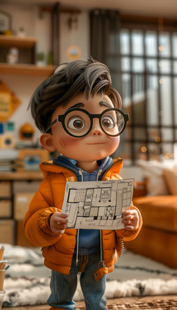 Cute Animated Child Holding Floor Plan in Cozy Home Office with Bright Light and Modern Design AI Generativeの素材