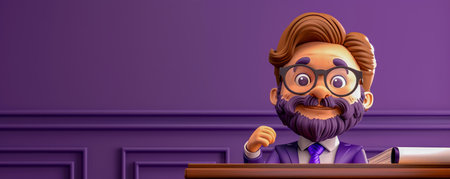 Animated 3D Character of a Bearded Man with Glasses and Purple Suit Gesturing Happily Against a Purple Background Vibrant and Fun Digital Art Illustration AI Generativeの素材