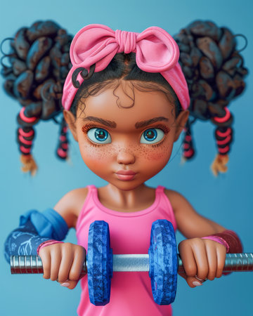 Girl Doll with Curly Hair Exercising with Dumbbells in Pink Workout Outfit AI Generativeの素材