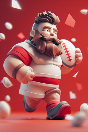 Cartoon Rugby Player Illustration, Bearded Athlete holding Rugby Ball, Dynamic Sport Action Scene, 3D Render, Red Background AI Generativeの素材