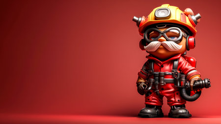 Cute Cartoon Firefighter Figurine in Red Uniform with Helmet and Goggles Standing Against a Vibrant Red Background Adorable Comic Style DIY Toy Fireman Action Figure for Collectors and Enthusiasts AI Generativeの素材