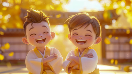 Heartwarming Image of Two Smiling Kids in Traditional Attire in a Beautifully Lit Outdoor Setting with Autumn Leaves AI Generativeの素材