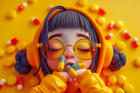 Dreamy, Colorful Anime Girl Surrounded by Pills in a Yellow Hoodie and Glasses Digital Art Fantasy Illustration AI Generativeの素材