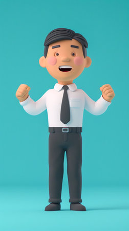 Enthusiastic Cartoon Businessman Cheering 3D Character Illustration of Office Attire, Animated Corporate Worker with Excited Expression, Blue Background AI Generativeの素材