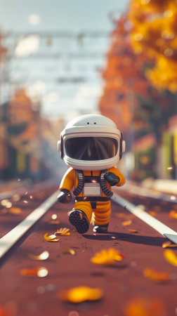 A Tiny Astronaut in Orange Space Suit Strolling on a Train Track in Autumn AI Generativeの素材
