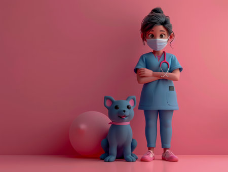 Animated Nurse with Medical Face Mask and Cute Cartoon Puppy in Blue Uniform on Pink Background for Healthcare and Pet Themed Illustrations and Designs AI Generativeの素材