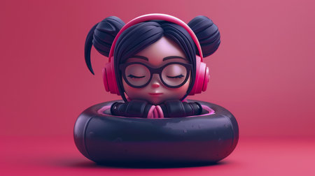 Cartoon Character Listening to Music with Headphones, Relaxed Expression Animated Girl with Glasses, Pink Background, Black Hair in Buns Style, 3D Animated Art, Leisure Time AI Generativeの素材