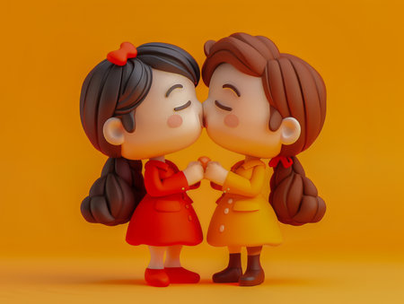 Cute Clay Figures of Two Girls Kissing Each Other in Vibrant Colorful Attire, Orange Background, Adorable Handmade Figurines, Display of Affection and Friendship, Whimsical Art in Bright Colors AI Generativeの素材