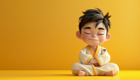 Young Karate Kid Meditating in Yellow Gi with Calm Expression in Bright Studio with Yellow Background Cute Animated Character in Martial Arts Pose for Zen and Focus AI Generativeの素材