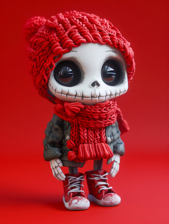 Adorable Skeleton Doll in Red Knit Hat and Scarf Stands Out Against Vivid Red Background, Perfect Halloween Decoration or Cute Collectible Figurine AI Generativeの素材