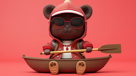 Cute Bear Wearing Red Hoodie and Sunglasses Rowing a Tiny Boat on a Red Background in Whimsical Digital Art Illustration AI Generativeの素材