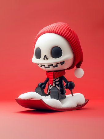 Adorable Skeleton Figurine in Winter Attire Skiing on Snow Against a Festive Red Background Whimsical and Cute Holiday Sculpture AI Generativeの素材
