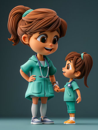 Cute Animated Mother and Daughter in Medical Scrubs Smiling Together, Heartwarming Family Moment in Nurse Outfits, Adorable Cartoon Characters in Green Uniforms, Happy Child and Parent Interaction AI Generativeの素材