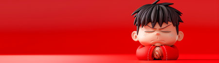Meditating Cartoon Character in Red Outfit Against Matching Red Backdrop Zen and Serenity in Minimalist Cartoon Art AI Generativeの素材