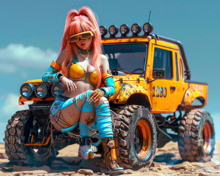 Vibrant Cosplay Model with Neon Pink Hair and Yellow Armor Posing by Custom Off Road Jeep on Sandy Terrain, Futuristic Desert Scene with Bright Blue Sky and Clouds AI Generativeの素材
