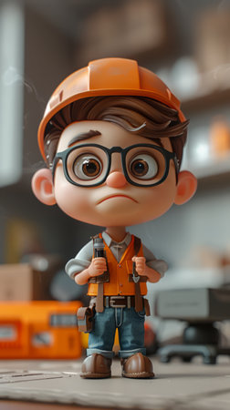 Adorable 3D Animated Construction Worker Character with Glasses and Hard Hat in a Workshop Setting High Quality Digital Art AI Generativeの素材