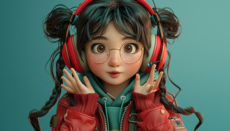 Adorable Anime Girl with Glasses and Red Headphones, Colorful Digital Art, Cute Character Design, Whimsical Illustration, Geek Chic Style, Vibrant Aesthetic, Fantasy Artwork, Playful Expression AI Generativeの素材