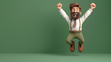 3D Illustration of Excited Man Jumping with Joy, Wearing Vintage Clothing and Hat, Celebrating Happiness, Isolated on Green Background, Cartoon Character Expressing Happiness and Energy AI Generativeの素材