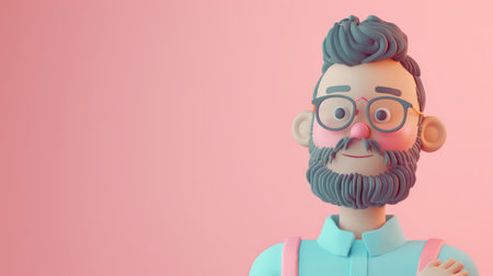 3D Rendered Cartoon Character with Beard, Glasses, and Pink Outfit Against Pastel Background AI Generativeの素材