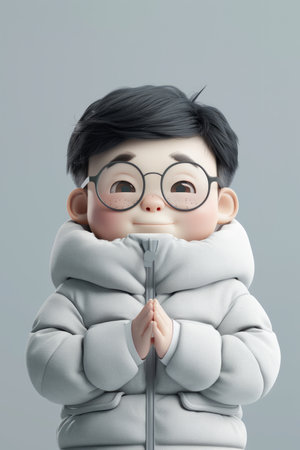 Adorable 3D Animated Boy with Glasses and Winter Jacket Cute Digital Art Character for Children&#39;s Content AI Generativeの素材