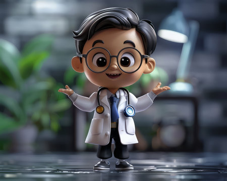 Adorable Cartoon Doctor in Lab Coat with Stethoscope, Smiling and Embracing Cartoon Style Against Blurred Background, Ideal for Healthcare, Medical, Kid&#39;s Education, and Animation Concepts AI Generativeの素材