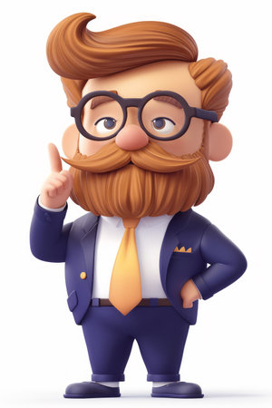 Charming Bearded Man with Spectacles in Blue Suit and Yellow Tie, 3D Cartoon Character, Pointing Up, Professional, Confident, Bright Background, Animated, Digital Art, Fun and Quirky AI Generativeの素材