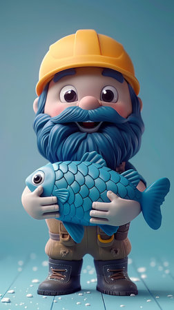 Cute Bearded Fisherman Holding a Blue Fish Adorable Character in Helmet and Boots Playful Cartoon Style Illustration with Blue Background AI Generativeの素材