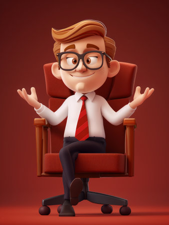 Cartoon Businessman Sitting in Office Chair, Professional Animation, Business Concept Art, 3D Render, Office Setting, Professional Character Design for Presentations, Marketing, or Corporate Use AI Generativeの素材