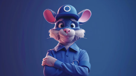 Charming Cartoon Mouse Character in Uniform with Blue Hat and Shirt, Cute Animated Rodent Mascot, Adorable 3D Rendered Animal, Fun and Playful Expression, Colorful Digital Art Illustration AI Generativeの素材