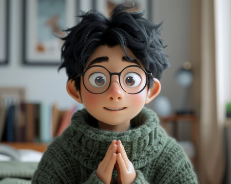 Charming Animated Character with Glasses in Cozy Sweater Portrait of Endearing Black Haired Figure with Expressive Eyes and Gentle Smile in Warm, Light Filled Modern Room AI Generativeの素材