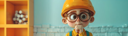 Cute Animated Child Cartoon Character Wearing a Hard Hat and Glasses in a Colorful Room with Shelves in the Background AI Generativeの素材