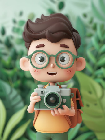 Cute Cartoon Boy with Glasses Holding a Vintage Camera in a Whimsical Forest Setting, Surrounded by Lush Greenery and Leaves Perfect for Children&#39;s Books, Illustrations, and Creative Projects AI Generativeの素材
