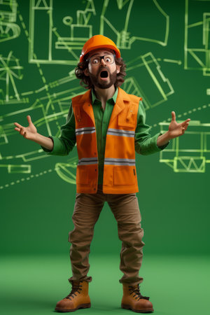 Construction Worker in Orange Safety Gear Against Green Background with Engineering Blueprints, Animated Character with Surprised Expression AI Generativeの素材
