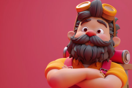 Vibrant 3D Cartoon Character with Bearded Face and Goggles Crosses Arms Against Bright Pink Background AI Generativeの素材