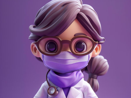 Cute Cartoon Doctor Vector Illustration on Purple Background with Mask and Glasses, Medical Professional Character Design for Posters, Prints, and Educational Materials AI Generativeの素材