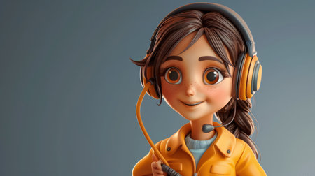 Animated 3D Character of a Young Girl Wearing Headphones and a Yellow Jacket, Charming and Cheerful Expression, Digital Art, Animation, Kid Friendly, Vibrant Colors, Enthusiastic, Playful Pose AI Generativeの素材