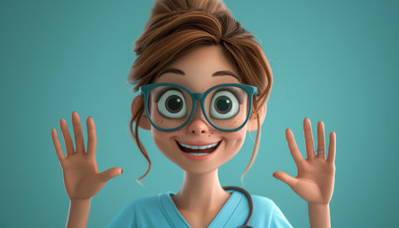 Animated Female Medical Professional with Glasses and Stethoscope Smiling and Gesturing with Hands Up Against a Teal Background AI Generativeの素材