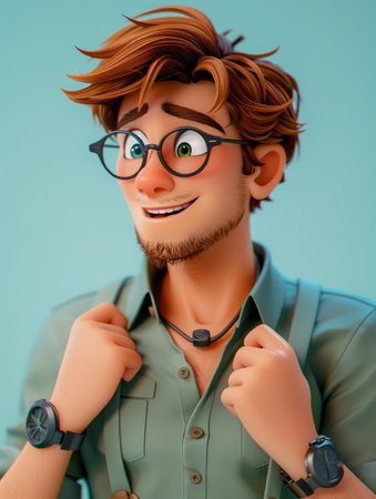 Animated Young Man with Glasses and Brown Hair Wearing Green Shirt and Watches, Looking Excited with Optimistic Expression on Blue Background AI Generativeの素材