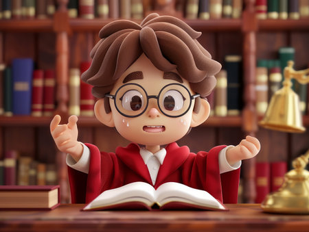 Animated Young Wizard Reading Spellbook in Magical Library 3D Render of Young Boy with Glasses, Brown Hair In Red Cloak, Surrounded by Ancient Bookshelves and Mystical Artifacts Fantasy Art AI Generativeの素材