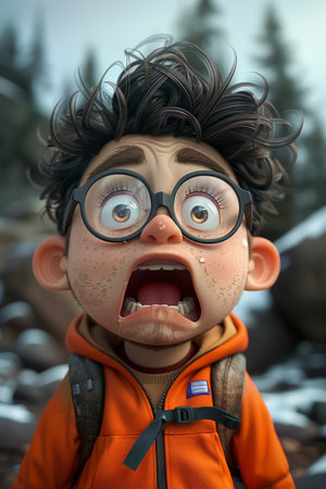 Astonished Child Character in Orange Hoodie and Glasses with a Mountainous Backdrop, Animated 3D Art Depiction with Expressive Facial Emotions and Winter Scenery Digital Illustration AI Generativeの素材
