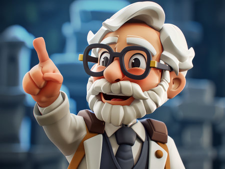 Animated Scientist Character with White Beard and Glasses Pointing Upwards in a Cartoon Style Laboratory Environment, Detailed and Colorful 3D Render with Interesting Background Elements AI Generativeの素材