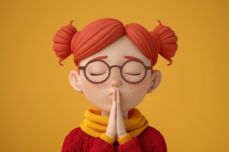 Animated Girl with Red Hair and Glasses in a Cozy Yellow Sweater, Peacefully Meditating with Hands in Prayer Position on a Bright Yellow Background, Cute Cartoon Style Character Illustration AI Generativeの素材