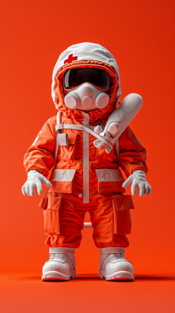 Adorable Baby Astronaut in Orange Spacesuit with Goggles and White Boots Against a Vivid Red Background AI Generativeの素材