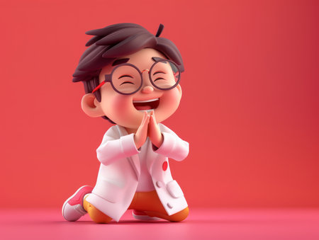 Adorable 3D Character in White Coat and Glasses Laughing on Knees with Hands Clasped Against a Pink Background AI Generativeの素材