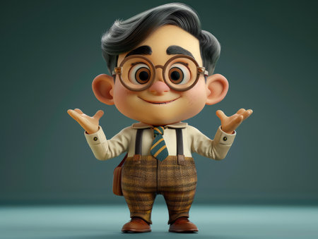Adorable Cartoon Character with Glasses and Plaid Pants, Smiling Hands Up, Standing on Green Background in 3D Animation, Cute and Whimsical Style, Ideal for Kids&#39; Content, Animation and Design Projects AI Generativeの素材