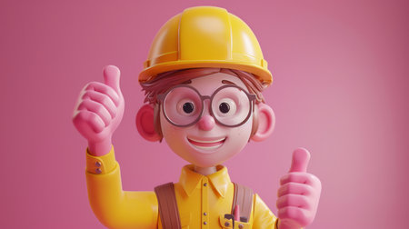 Cheerful Construction Worker Cartoon Character Giving Thumbs Up in Yellow Hard Hat and Safety Gear Against Pink Background AI Generativeの素材