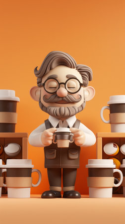 Cartoon Character Barista Holding Coffee Cup Surrounded by Coffee Mugs in a Colorful Cafe Setting Fun and Whimsical Illustration with Warm and Cozy Vibes for Cafe or Coffee Shop Decor AI Generativeの素材