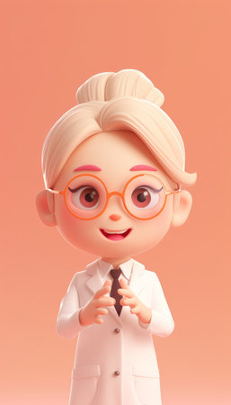 Adorable Female Scientist Cartoon Character with Glasses and White Lab Coat against Peach background AI Generativeの素材