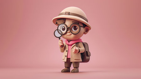Cute Young Explorer with Glasses and Hat Holding Magnifying Glass, Adorable Kid Adventurer in Vintage Outfit, Child Detective on Pink Background, Cartoon Character, Children&#39;s Illustration AI Generativeの素材